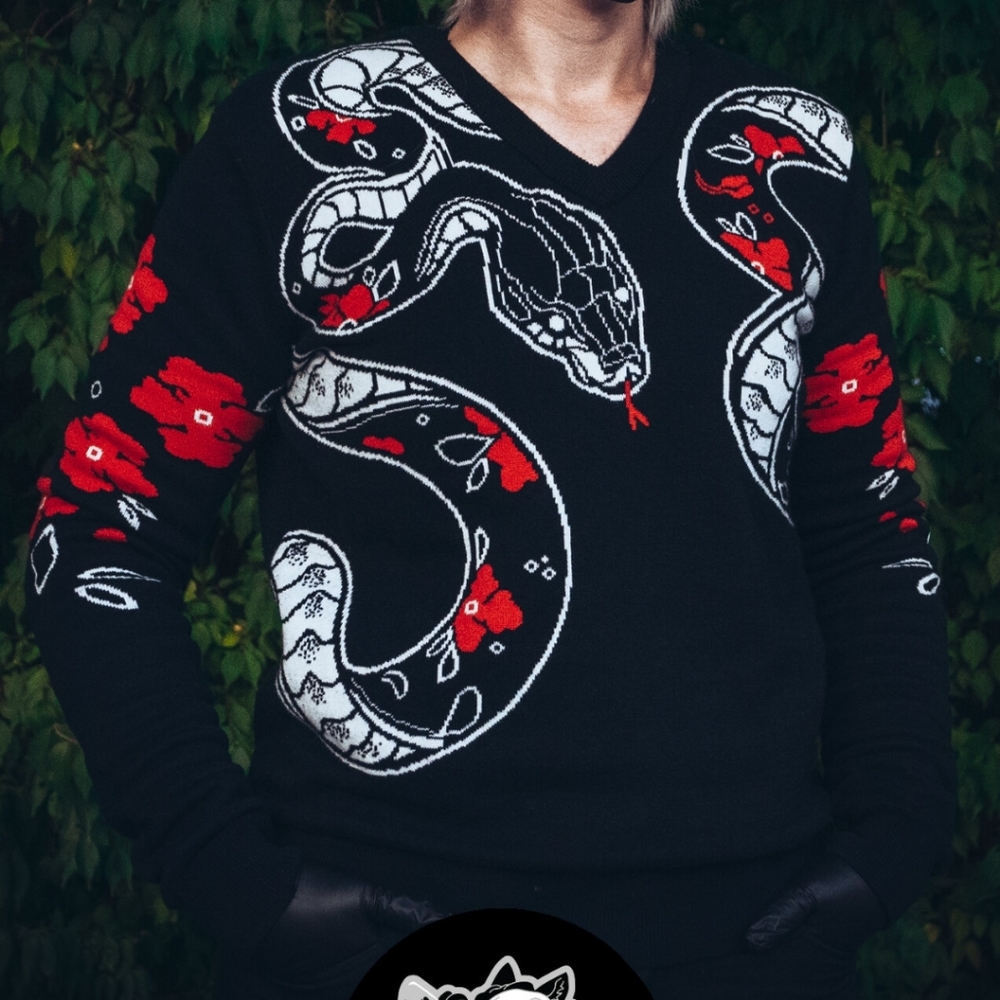 King Guro Kris Starlein Large Snake and Floral Knit Sweater in Black Red White